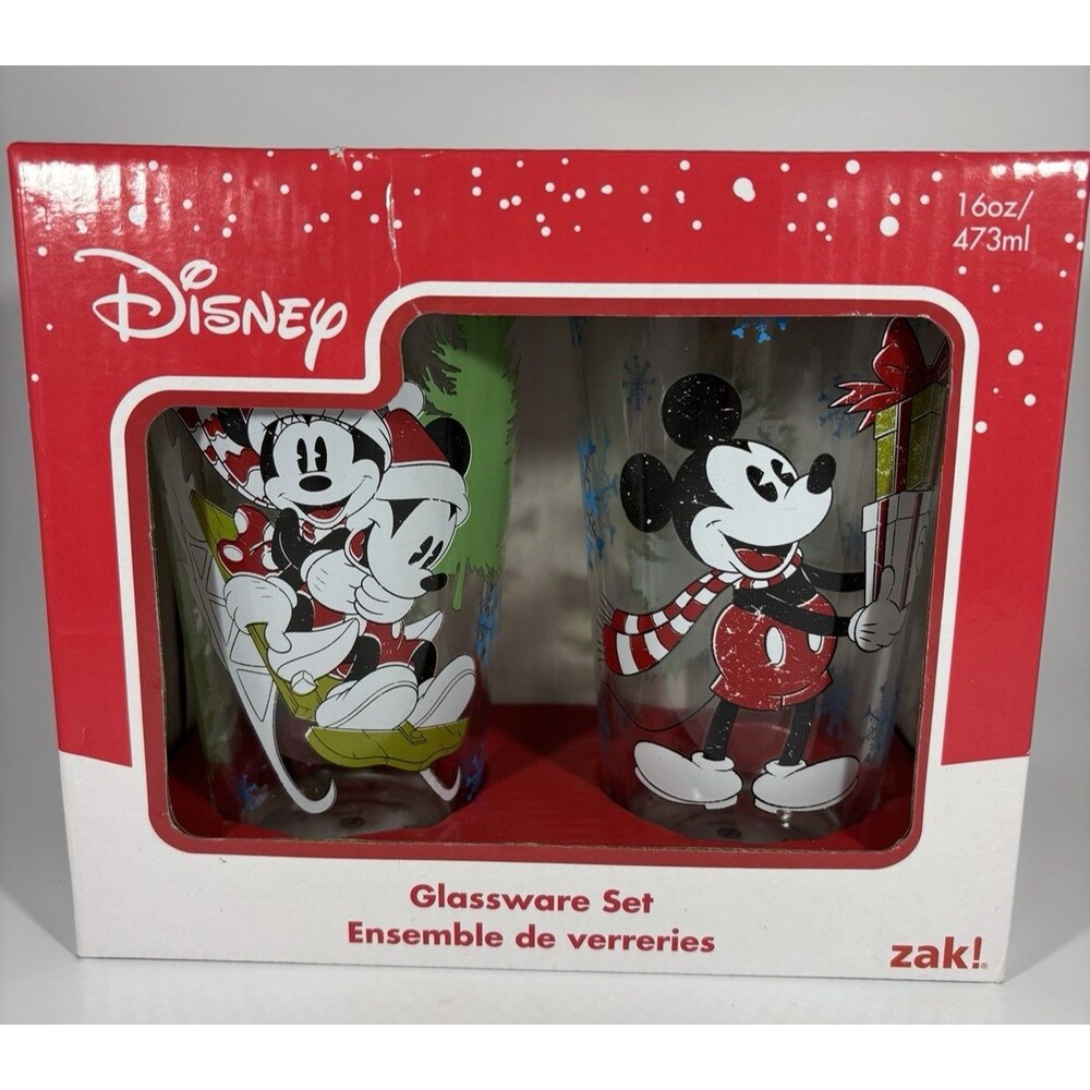 Disney Mickey & Minnie Mouse Christmas Glasses 16 Ounce Set of 2 by Zak! NEW